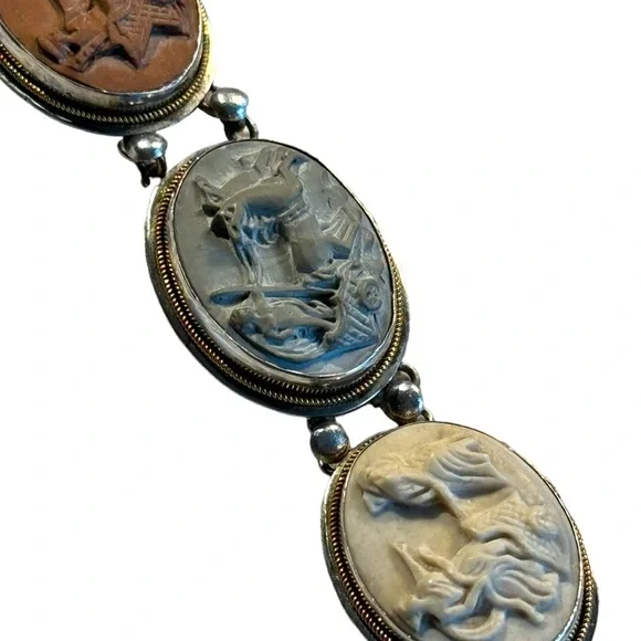 Antique Bracelet Stone Cameo 800 Silver Victorian Lava RARE Seven Days Chariots - Picture 3 of 14